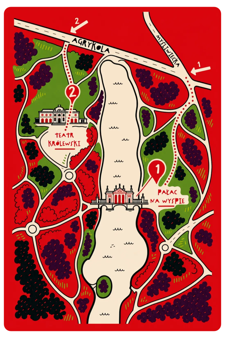 Illustrated map of Łazienki Royal Park in Warsaw showing the two festival venues and walking routes from the Agrykola and Myśliwiecka entrances. Location 1 marks the Palace on the Isle, and Location 2 marks the Royal Theatre. Red dotted lines indicate the recommended walking routes from each entrance.