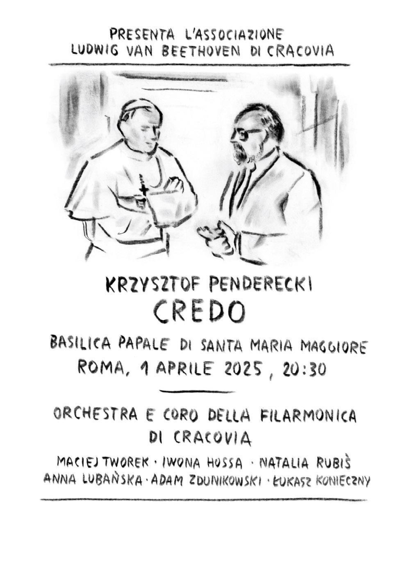 Czarno-biały plakat koncertu Credo Krzysztofa Pendereckiego z rysunkowymi portretami Jana Pawła II i kompozytora oraz informacją o wydarzeniu w Rzymie 1 kwietnia 2025 roku.
