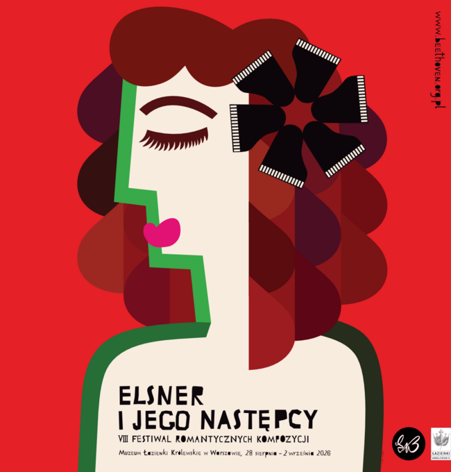 Plakat VIII Festiwalu Romantycznych Kompozycji „Elsner i jego następcy”. Na czerwonym tle stylizowany portret kobiety z zamkniętymi oczami, rudobrązowymi włosami i dużą czarną kokardą. Na dole napis: „Elsner i jego następcy. VIII Festiwal Romantycznych Kompozycji. Muzeum Łazienki Królewskie w Warszawie, 28 sierpnia–2 września 2026”.