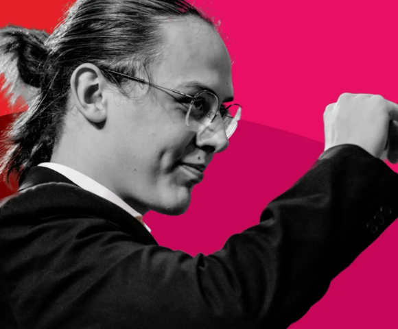 Promotional graphic for the 8th Festival of Romantic Compositions, ‘Elsner and His Successors’. Against a pink background is a black-and-white portrait of a man wearing glasses and a suit. The festival takes place at the Royal Łazienki Museum in Warsaw from 28 August to 2 September 2026.