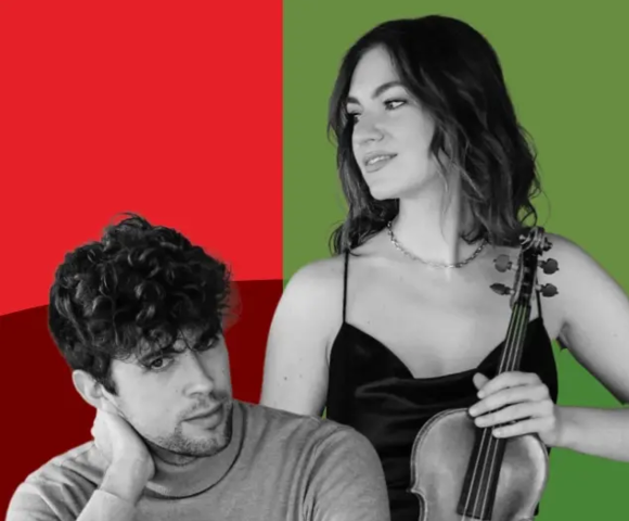 Promotional graphic for the 8th Festival of Romantic Compositions, ‘Elsner and His Successors’. Against a green and red background are black-and-white photographs of a violinist holding a violin and a musician at an accordion. The festival takes place at the Royal Łazienki Museum in Warsaw from 28 August to 2 September 2026.
