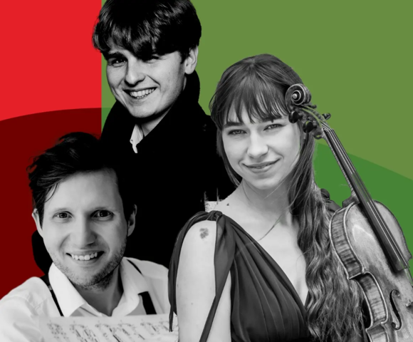 Promotional graphic for the 8th Festival of Romantic Compositions, ‘Elsner and His Successors’. Against a green and red background are black-and-white portraits of three musicians: two men and a woman holding a violin. The festival takes place at the Royal Łazienki Museum in Warsaw from 28 August to 2 September 2026.