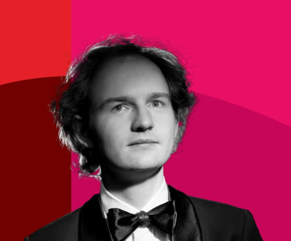 Promotional graphic for the 8th Festival of Romantic Compositions, ‘Elsner and His Successors’. Against a red and pink background is a black-and-white portrait of a man wearing a tuxedo and bow tie. The festival takes place at the Royal Łazienki Museum in Warsaw from 28 August to 2 September 2026.