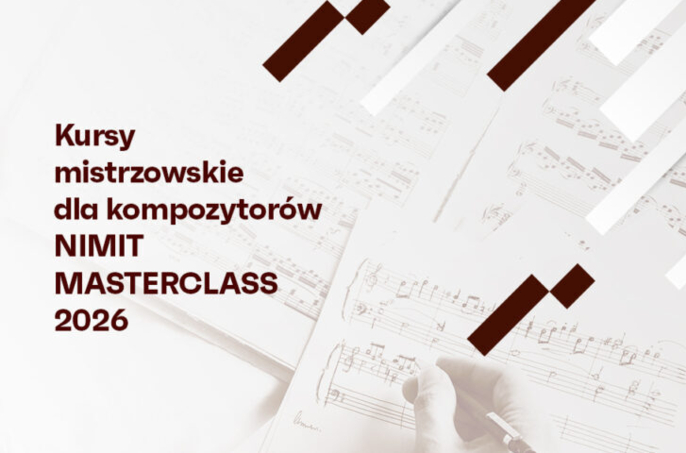 Promotional graphic for the NIMiT Masterclasses for Composers 2026. Sheet music is spread across the background, with a hand writing on a musical score, complemented by minimalist dark-brown graphic elements.